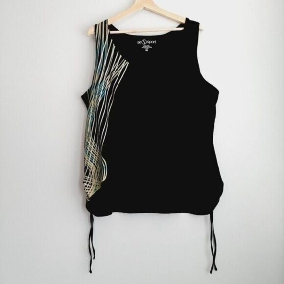 AE SPORT Athletic Tank Top Ruched Sides Black Wave Pattern Sz 4X - Picture 2 of 9